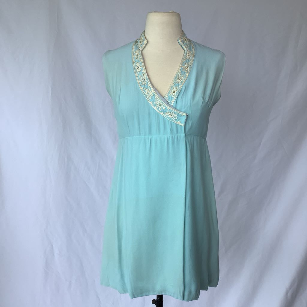 1960s Blue Rayon Embellished Mini Dress