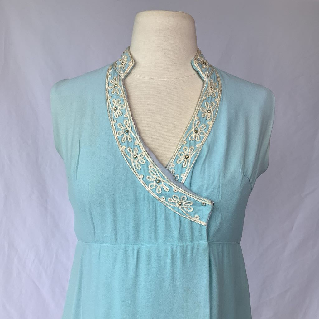 1960s Blue Rayon Embellished Mini Dress