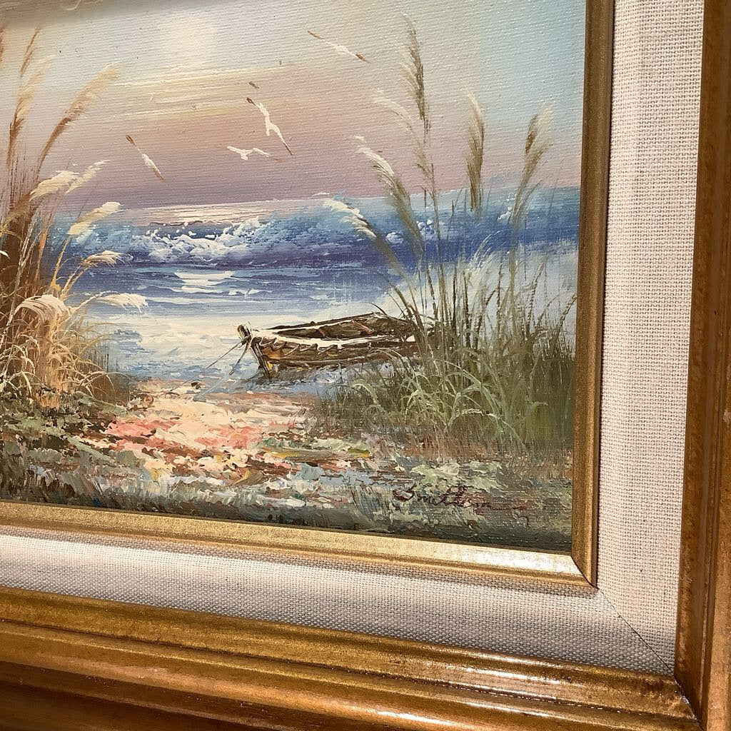 Vintage Oil Painting Boat on Beach