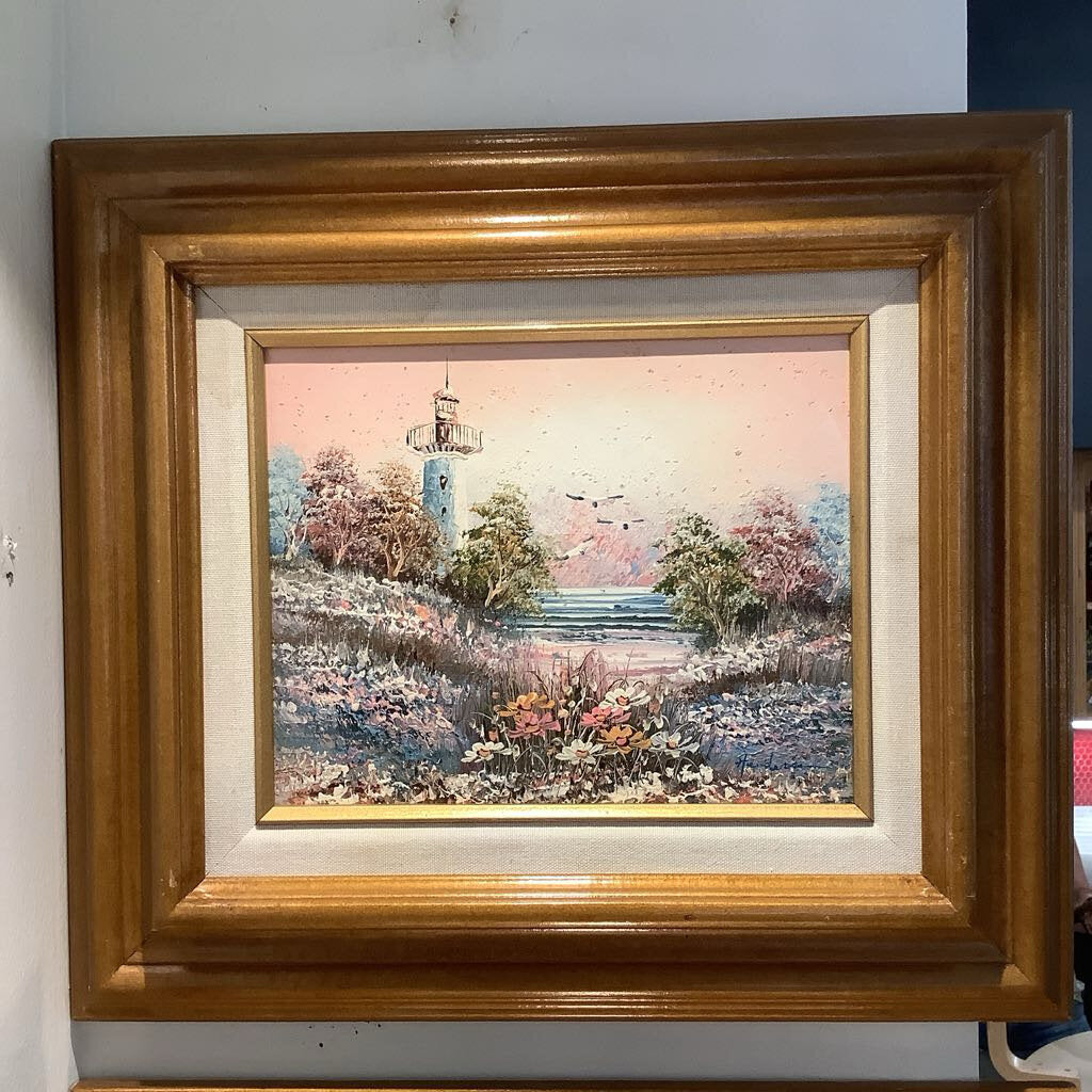 Vintage Oil on Canvas Lighthouse