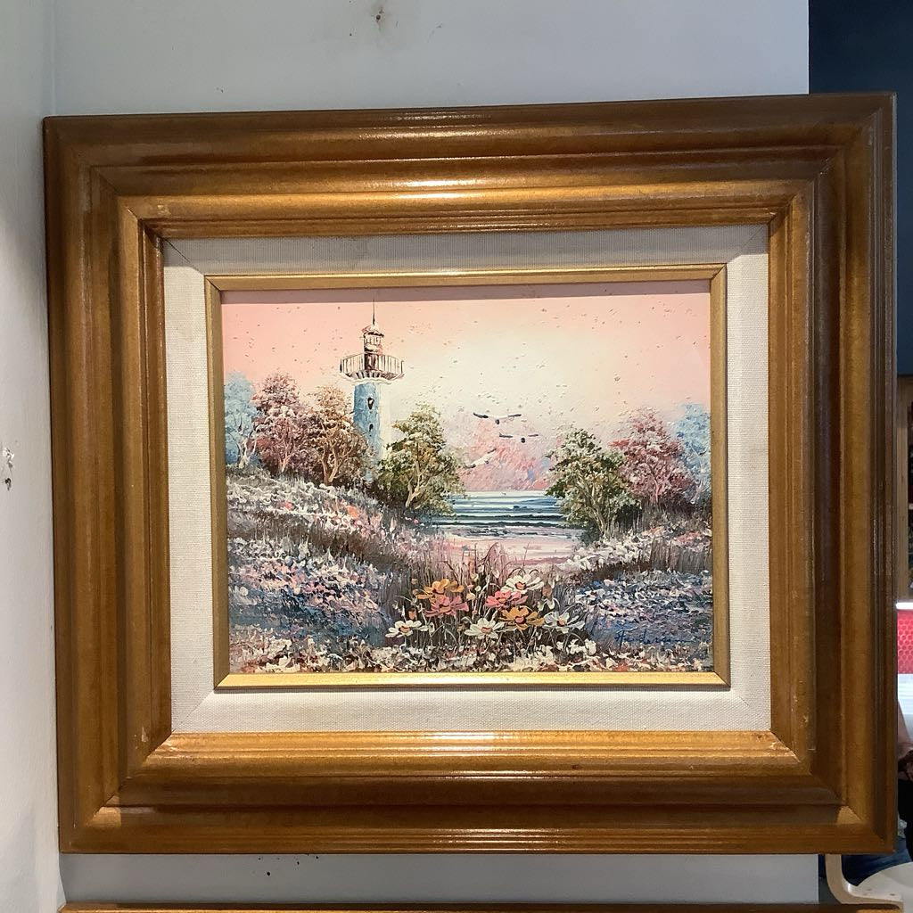 Vintage Oil on Canvas Lighthouse