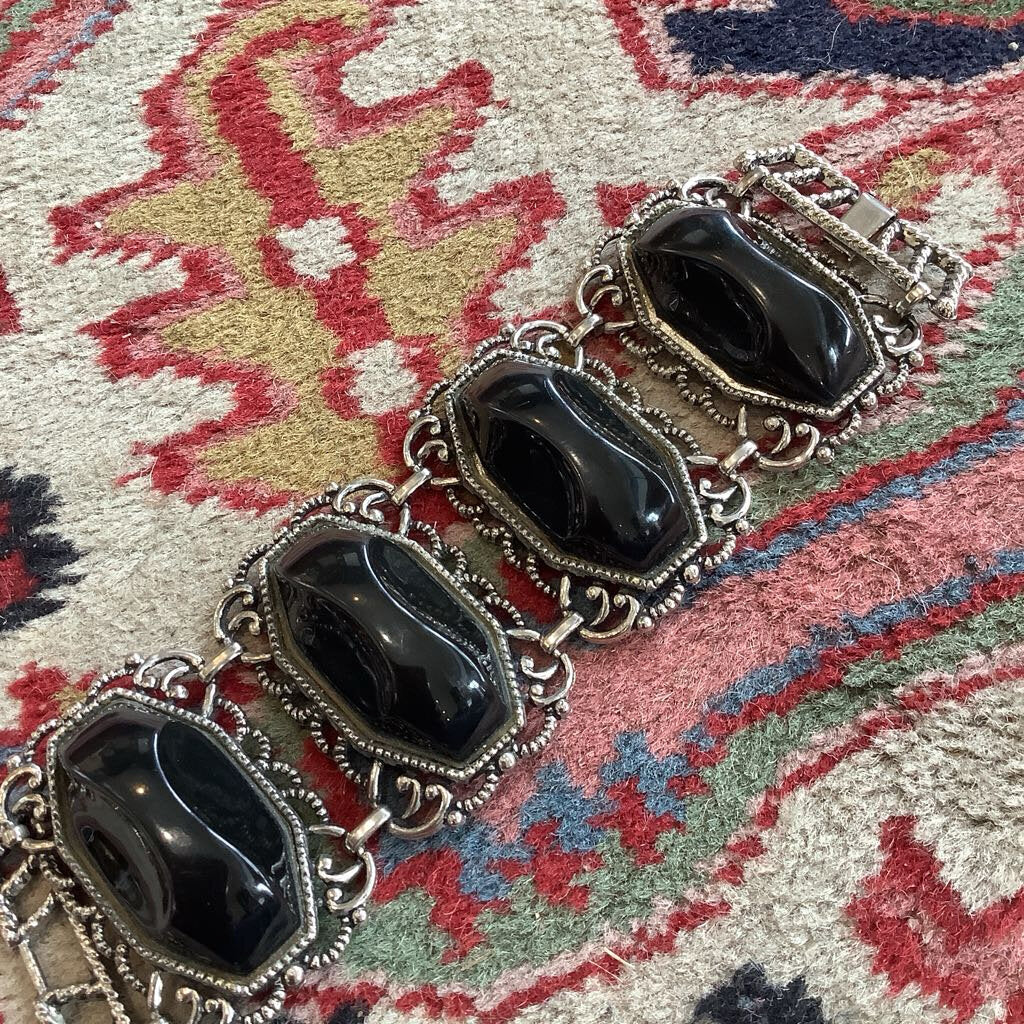 50s Demi Parure Faux Onyx Bracelet and Earrings