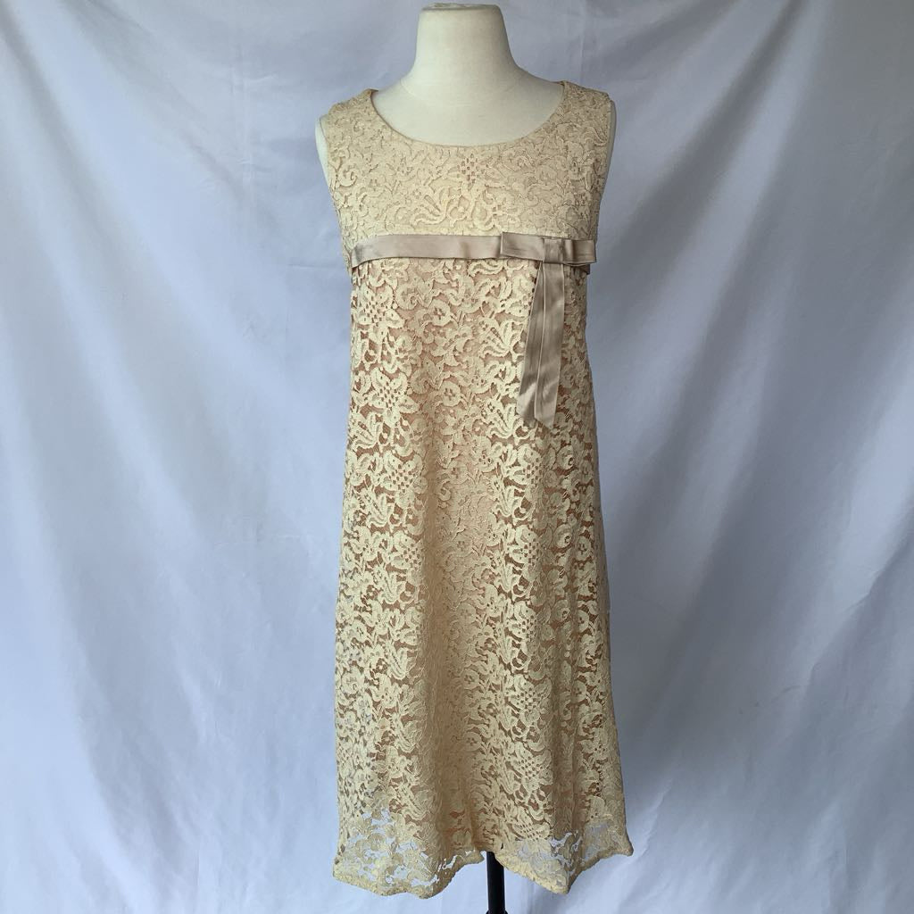 1970s Sears Fashions Lined Lace Empire Waist Dress w/ Satin Bow