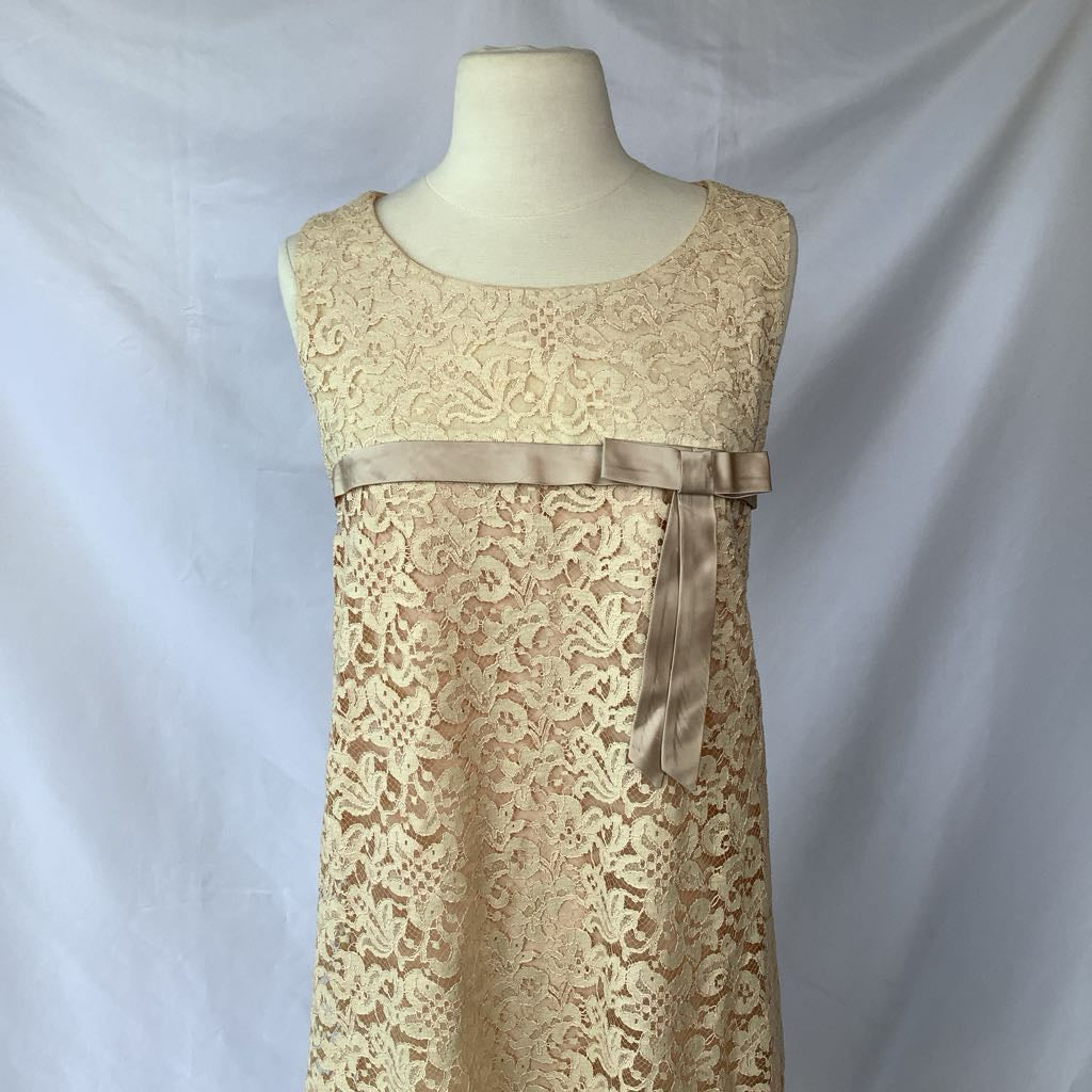 1970s Sears Fashions Lined Lace Empire Waist Dress w/ Satin Bow