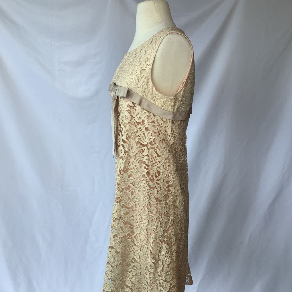1970s Sears Fashions Lined Lace Empire Waist Dress w/ Satin Bow