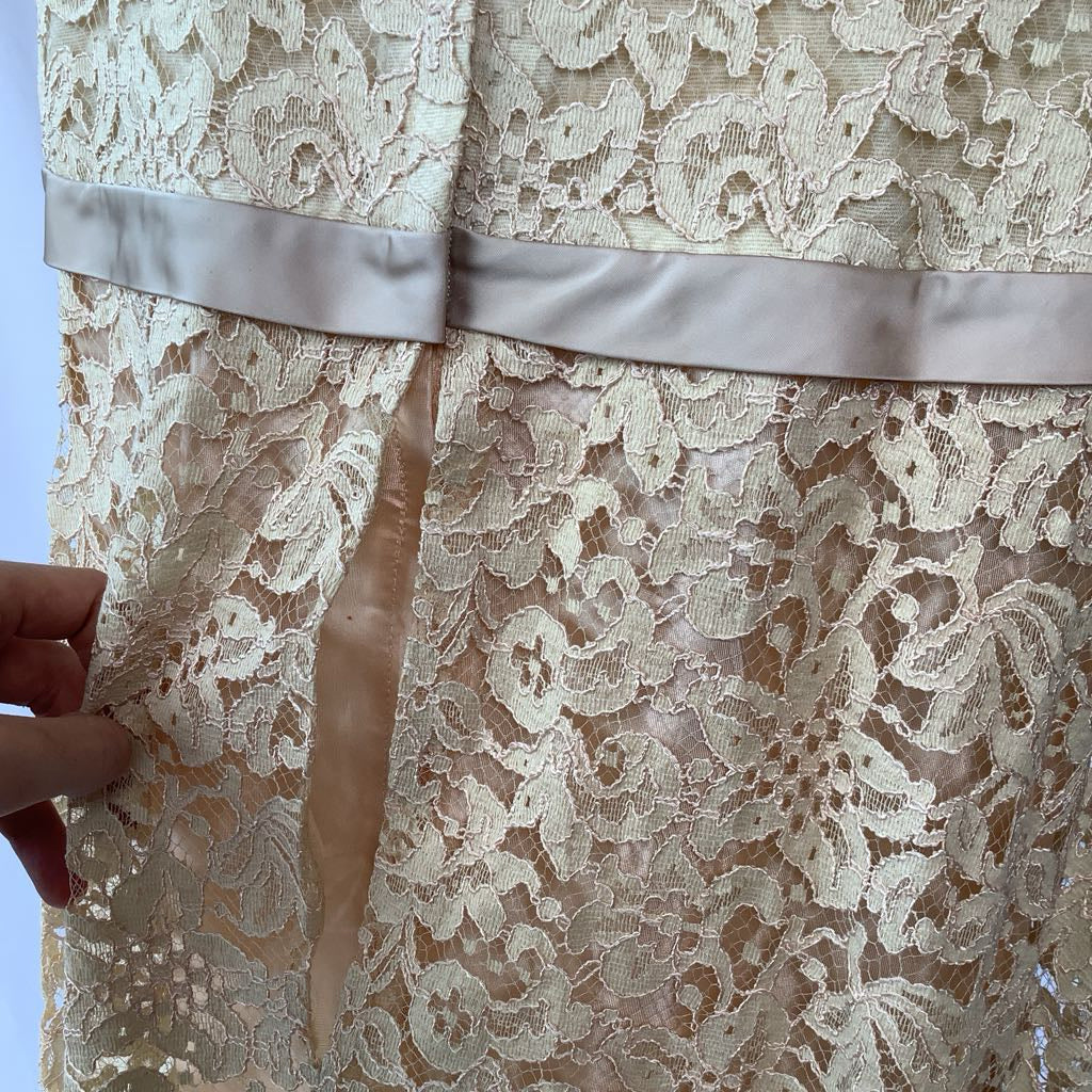 1970s Sears Fashions Lined Lace Empire Waist Dress w/ Satin Bow