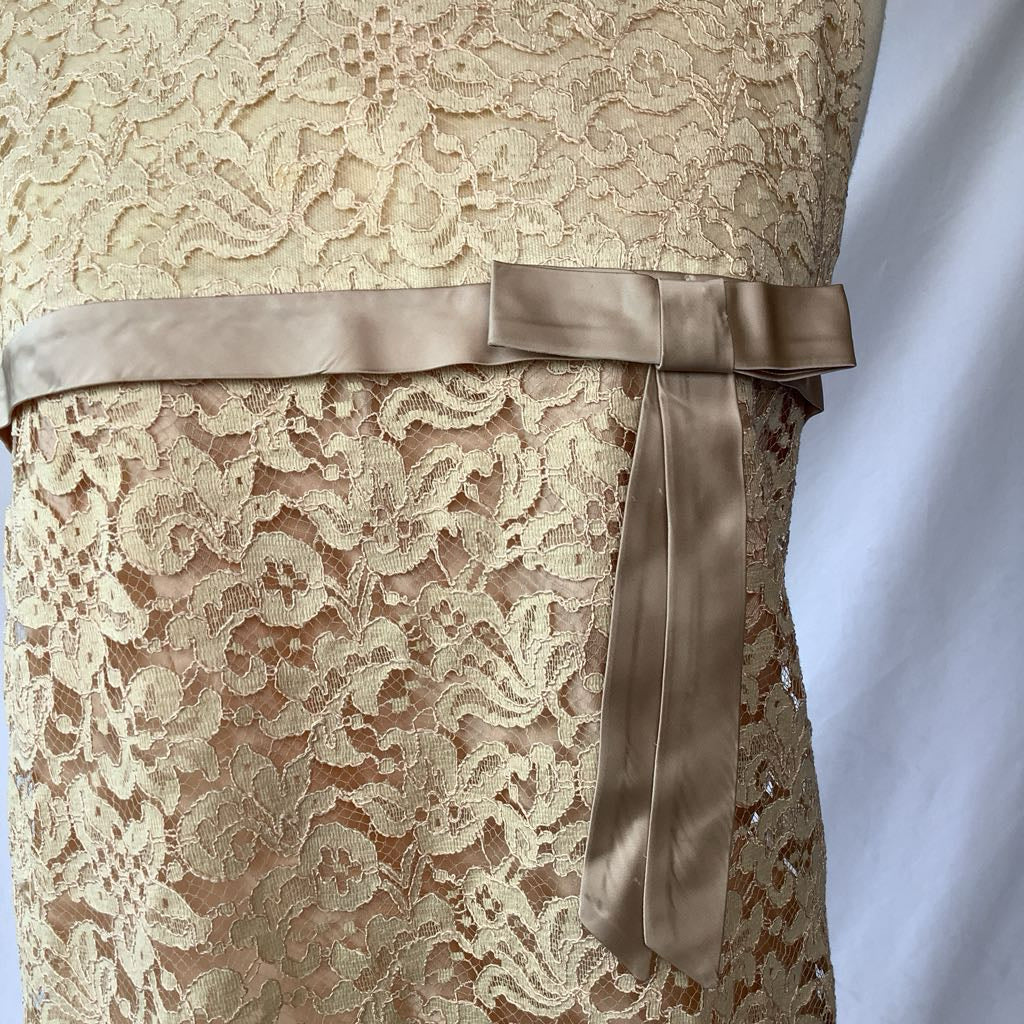 1970s Sears Fashions Lined Lace Empire Waist Dress w/ Satin Bow
