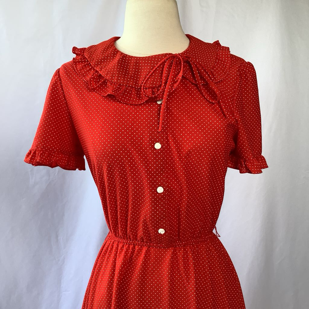 1980s Red Polka Dot Dress w/ Side Necktie and Ruffles