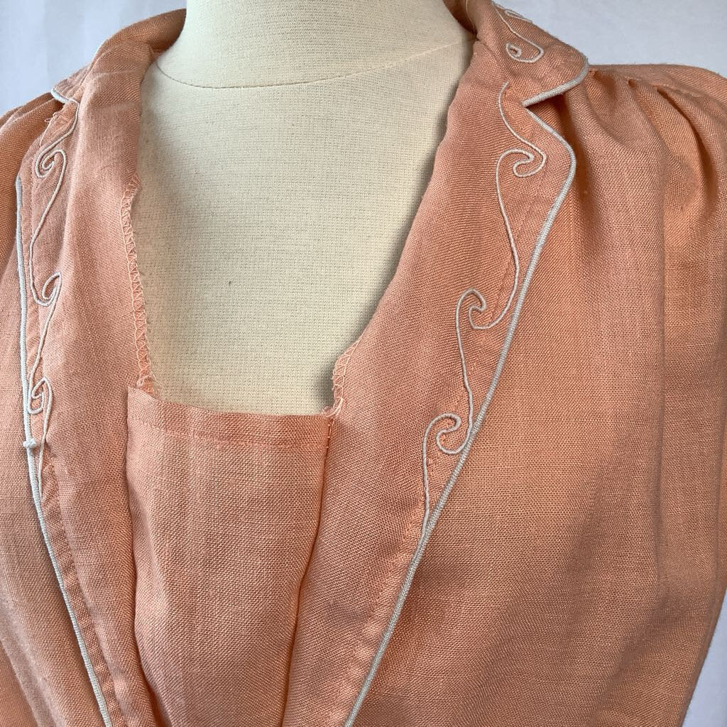 1970s Peach Day Dress w/ Embroidered Neck