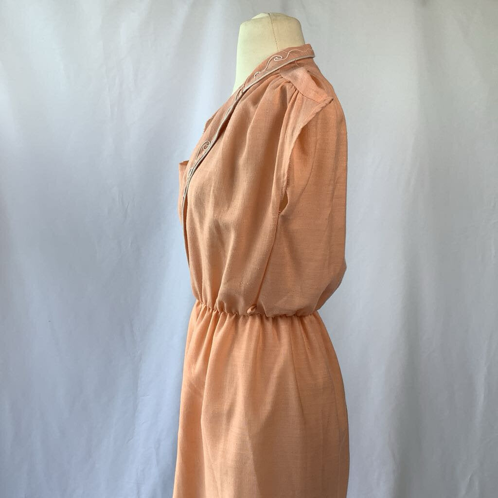 1970s Peach Day Dress w/ Embroidered Neck