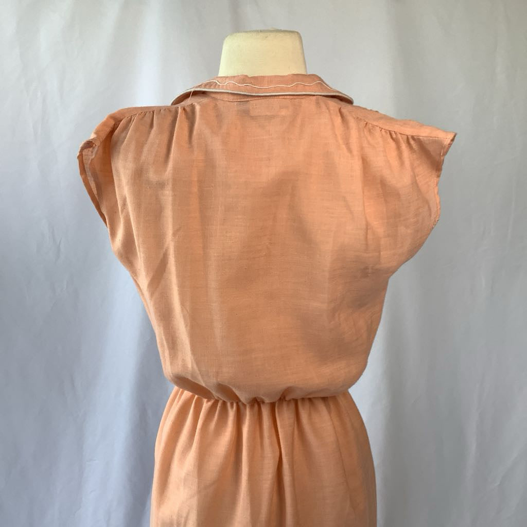 1970s Peach Day Dress w/ Embroidered Neck