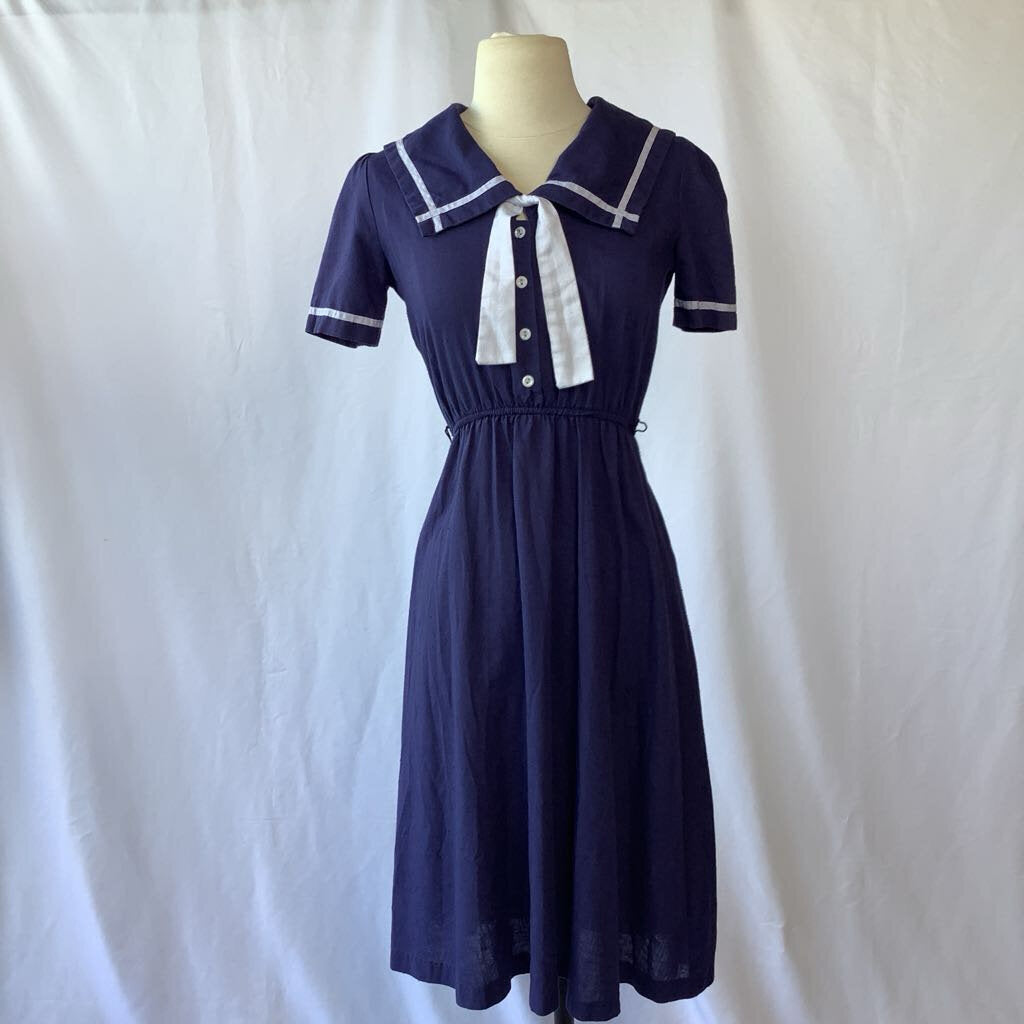 1980s Navy Day Dress with Oversized Collar