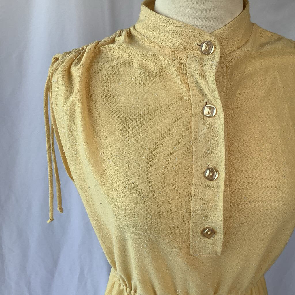 1970s Yellow Day Dress w/ Gathered Shoulders