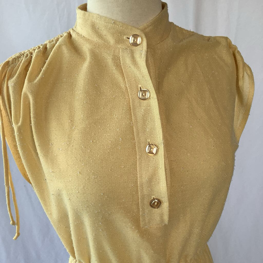 1970s Yellow Day Dress w/ Gathered Shoulders