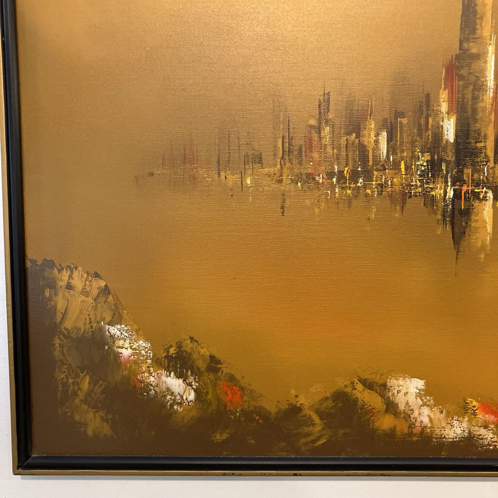 Mid Century Modern Cityscape Oil Painting
