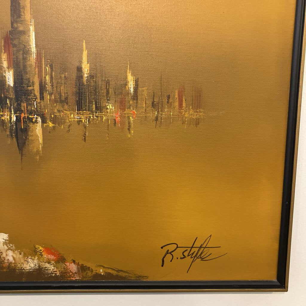 Mid Century Modern Cityscape Oil Painting