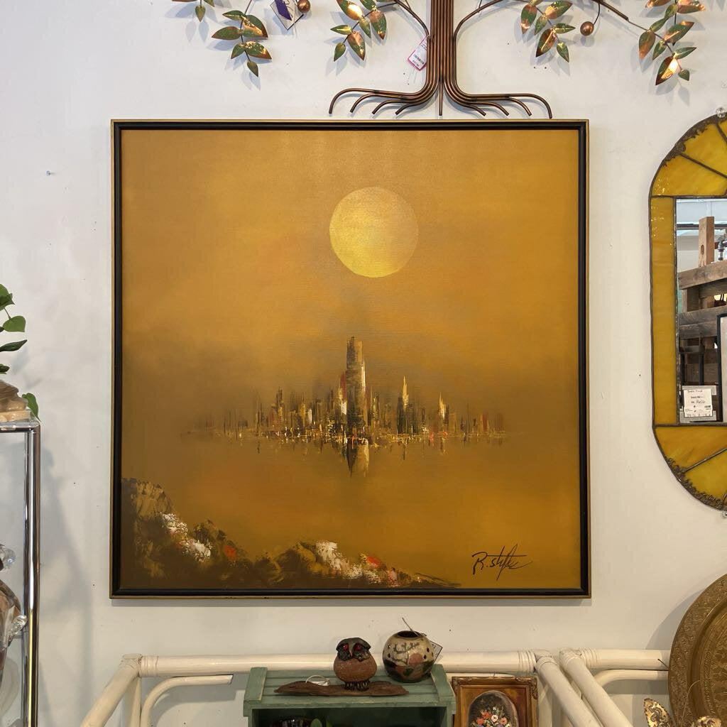 Mid Century Modern Cityscape Oil Painting