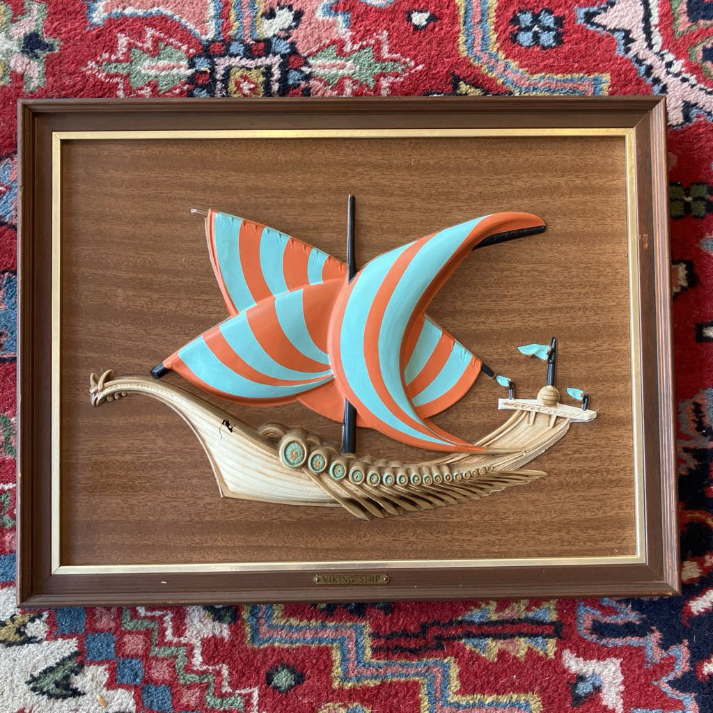 Pair of Mid-Century Wooden Framed Viking Ships