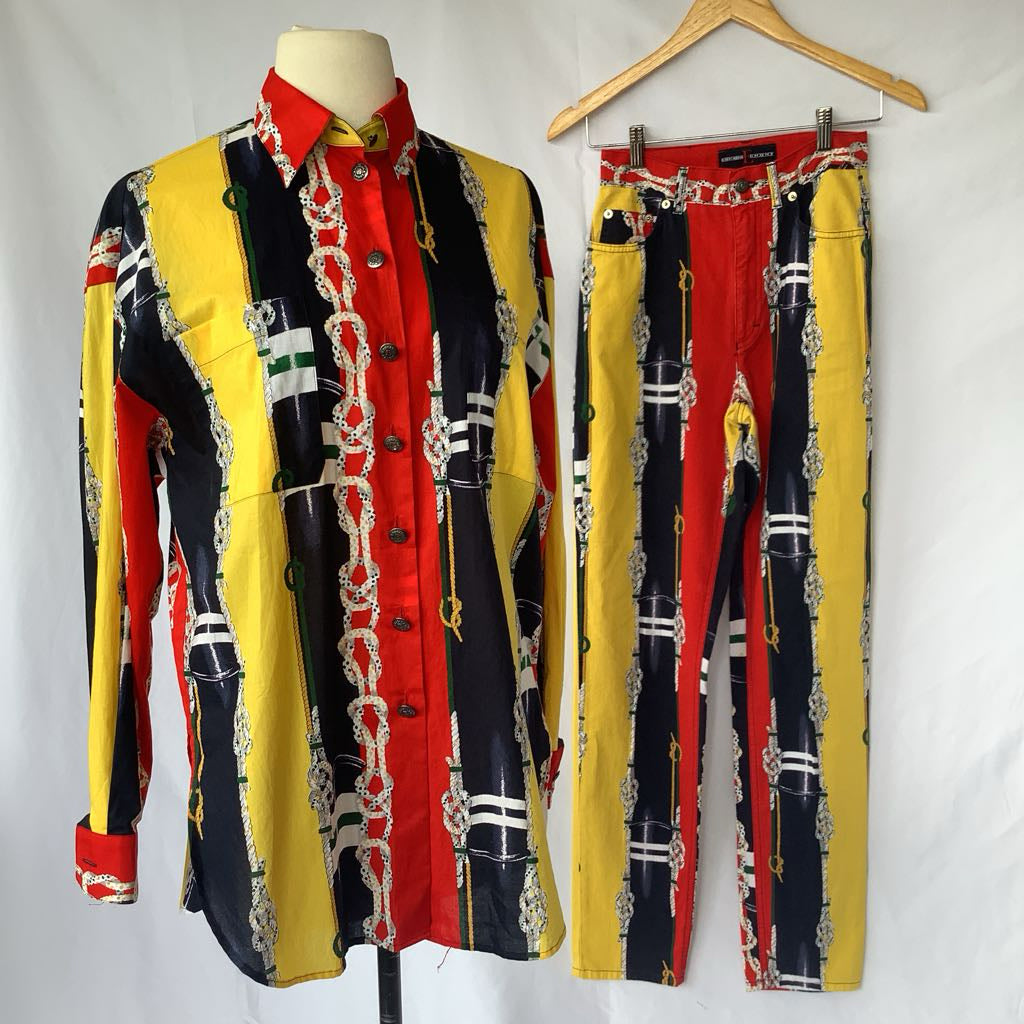 1990s Escada Colorful Chain Print Button Up w/ Matching Jeans