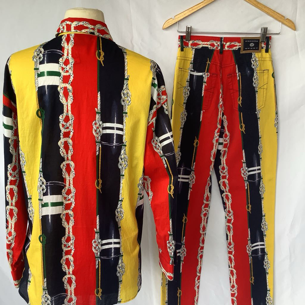 1990s Escada Colorful Chain Print Button Up w/ Matching Jeans