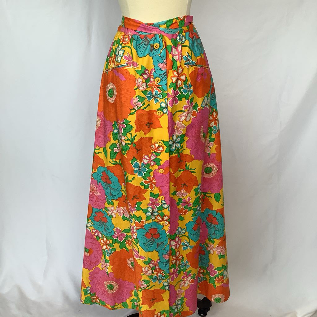 70s Colorful Floral Cotton Maxi Skirt