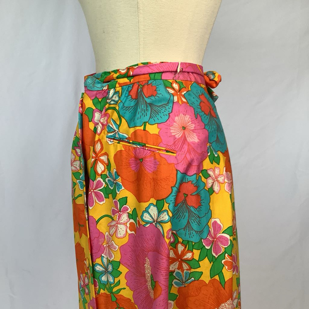 70s Colorful Floral Cotton Maxi Skirt