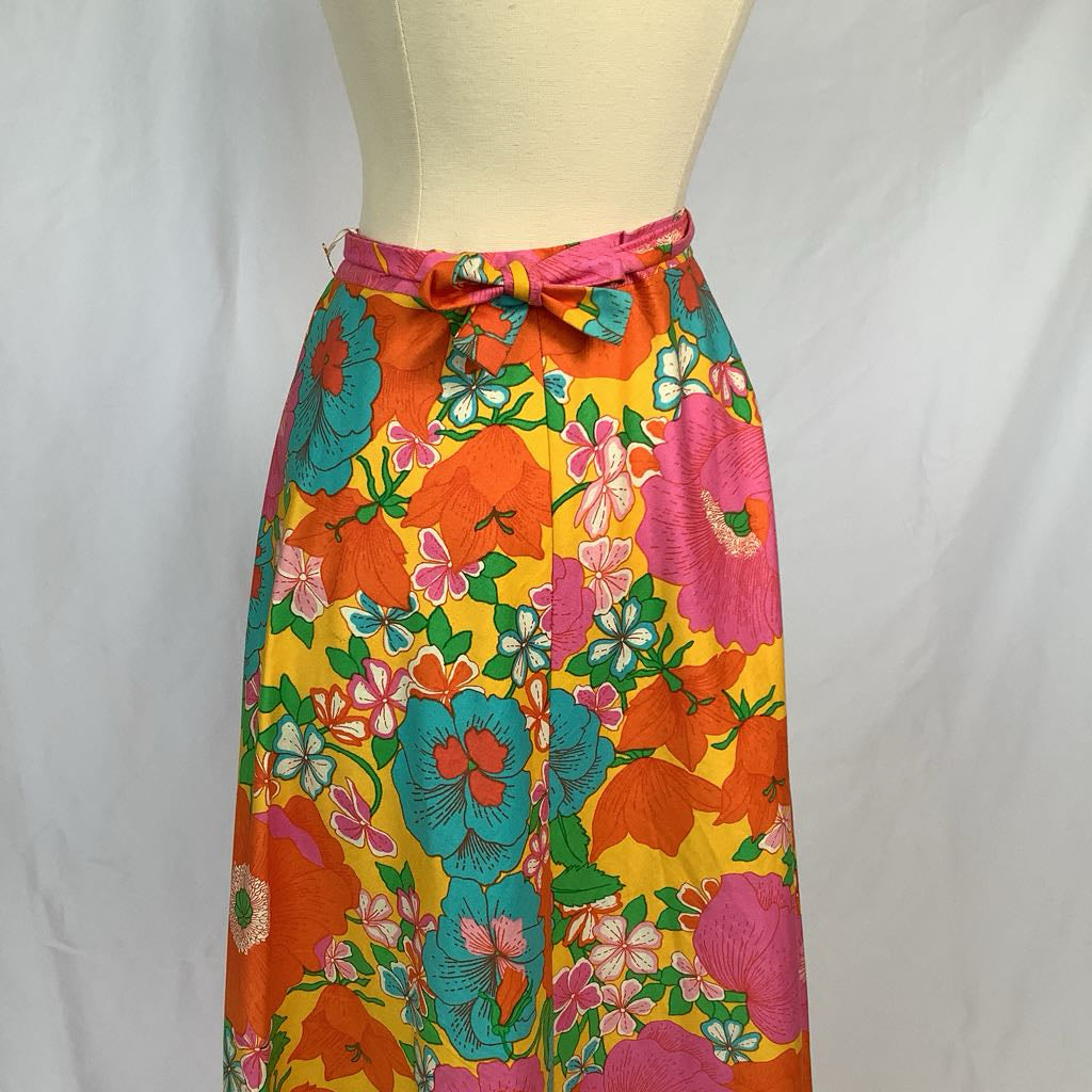 70s Colorful Floral Cotton Maxi Skirt