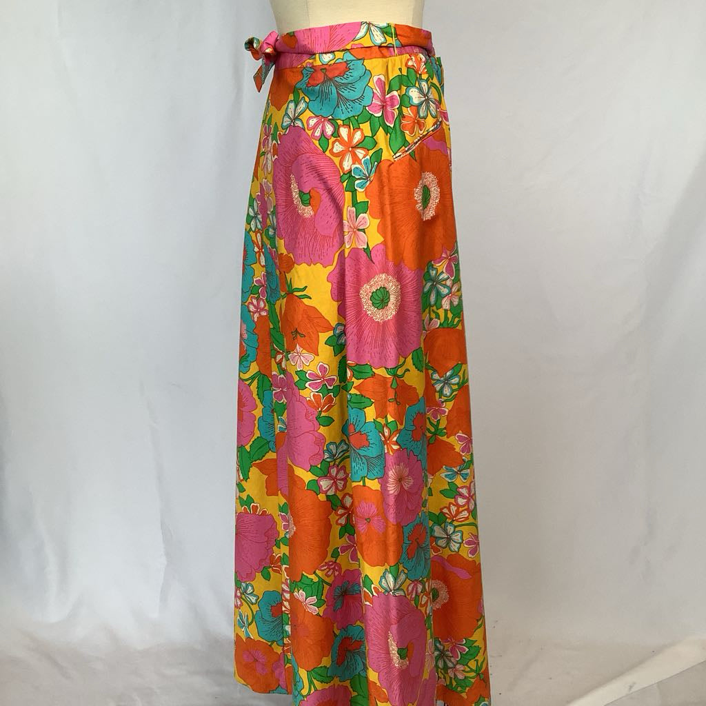 70s Colorful Floral Cotton Maxi Skirt