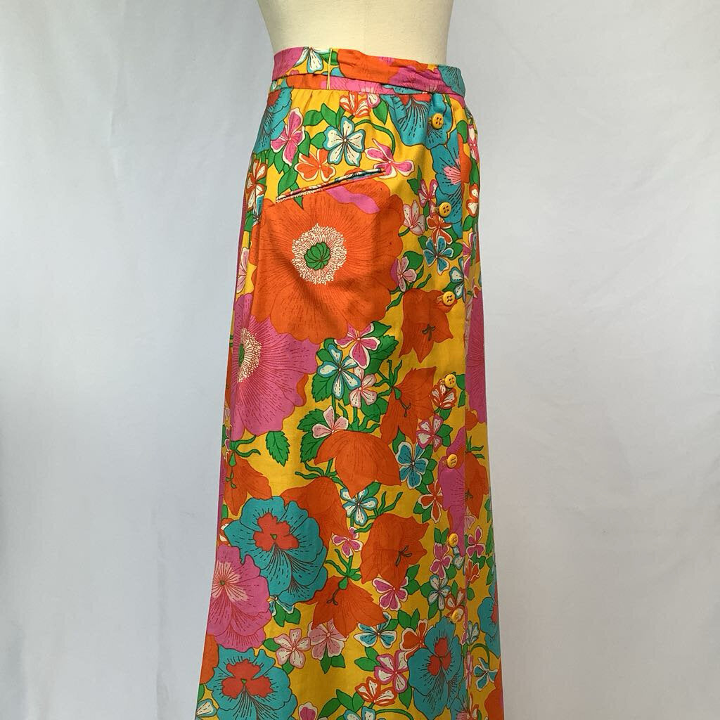70s Colorful Floral Cotton Maxi Skirt