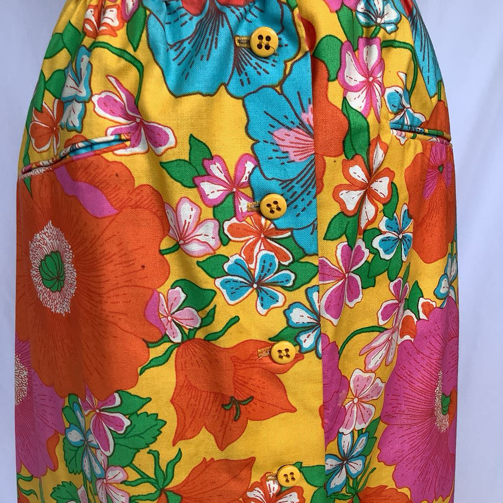 70s Colorful Floral Cotton Maxi Skirt