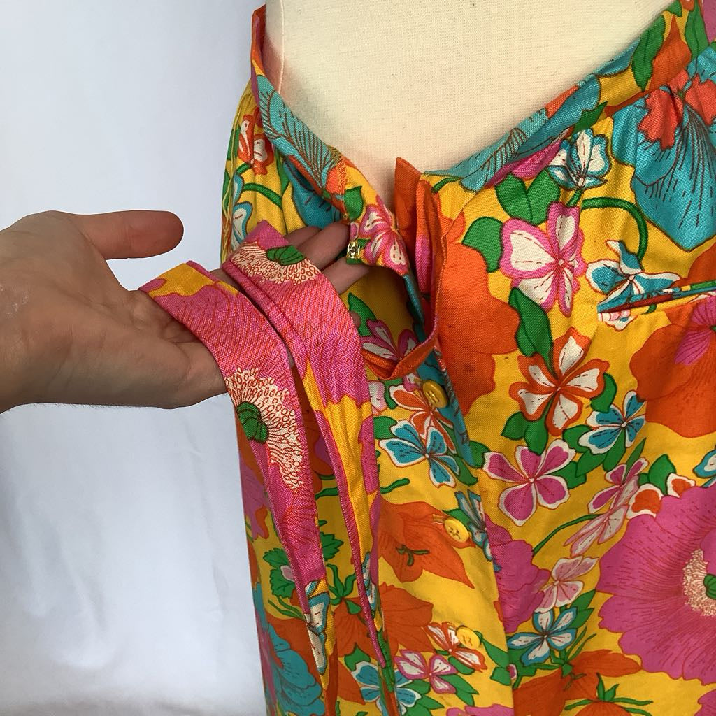 70s Colorful Floral Cotton Maxi Skirt