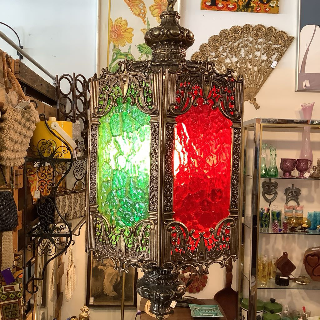 Vintage Moroccan Hanging Lamp w/ Green, Red, Orange Panels