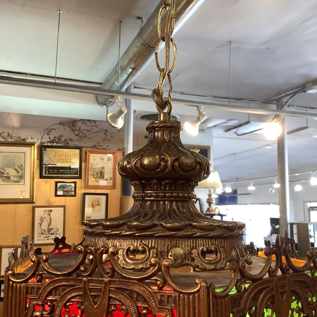 Vintage Moroccan Hanging Lamp w/ Green, Red, Orange Panels