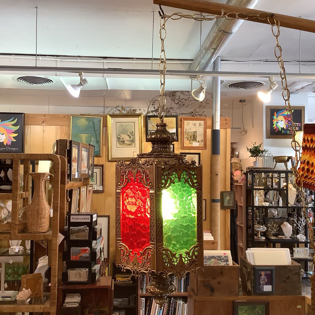 Vintage Moroccan Hanging Lamp w/ Green, Red, Orange Panels