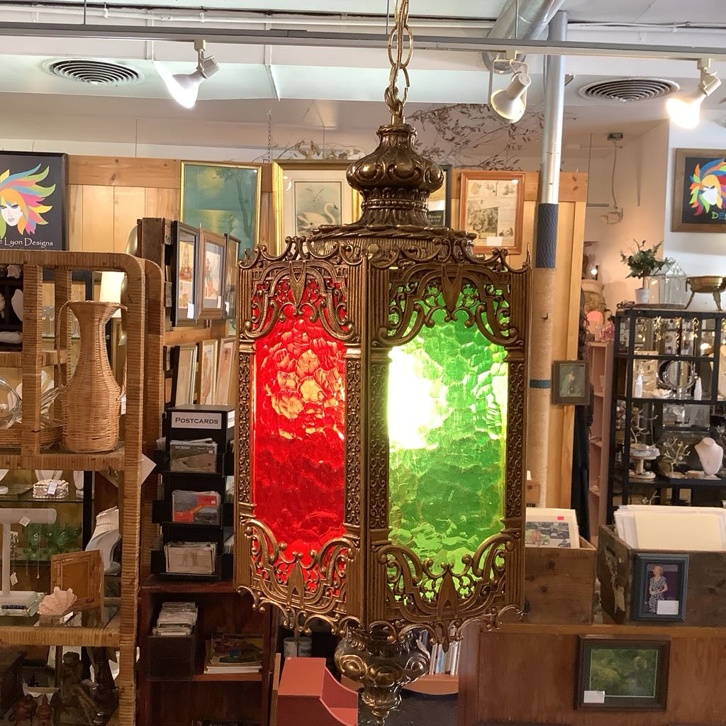 Vintage Moroccan Hanging Lamp w/ Green, Red, Orange Panels