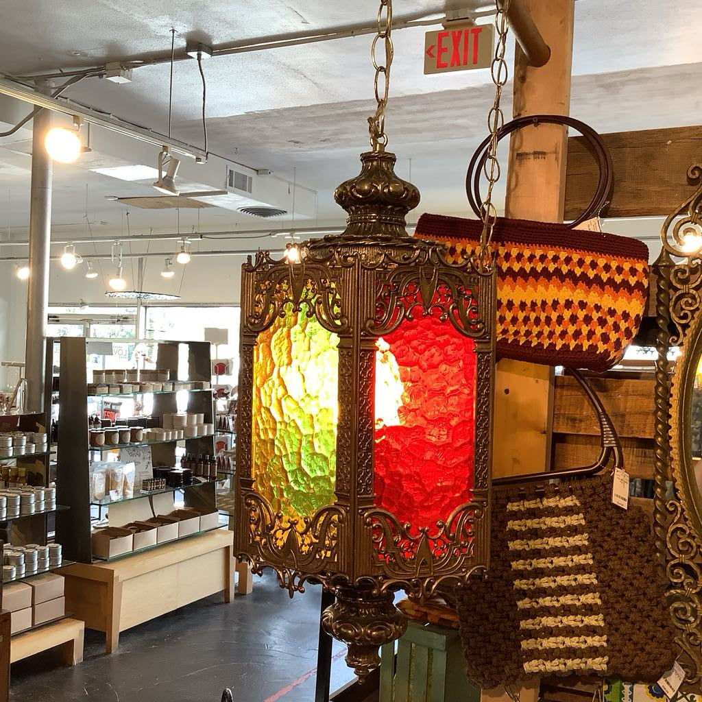 Vintage Moroccan Hanging Lamp w/ Green, Red, Orange Panels