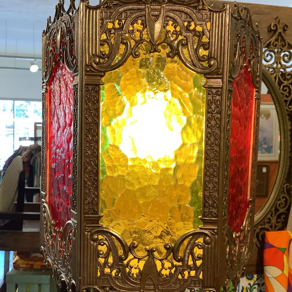 Vintage Moroccan Hanging Lamp w/ Green, Red, Orange Panels