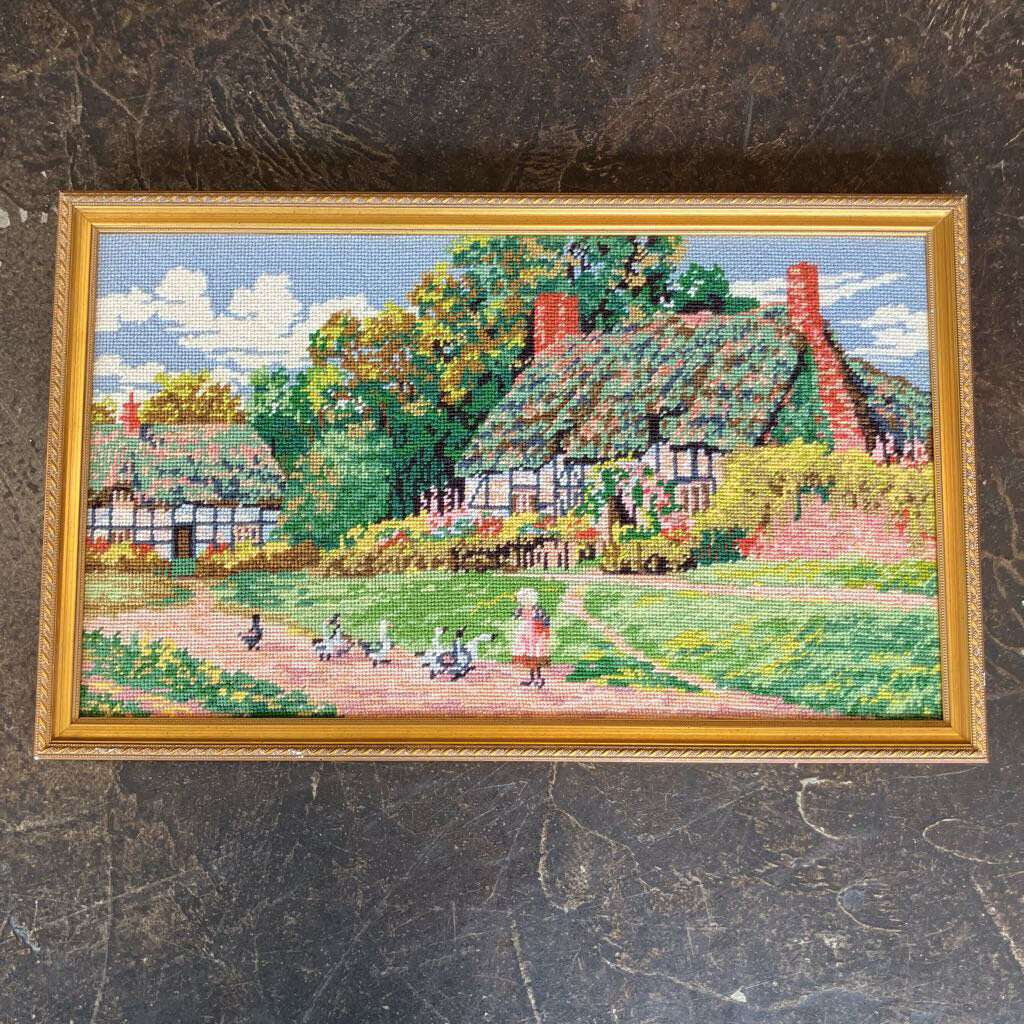Vintage Needlepoint Farmhouse Scene