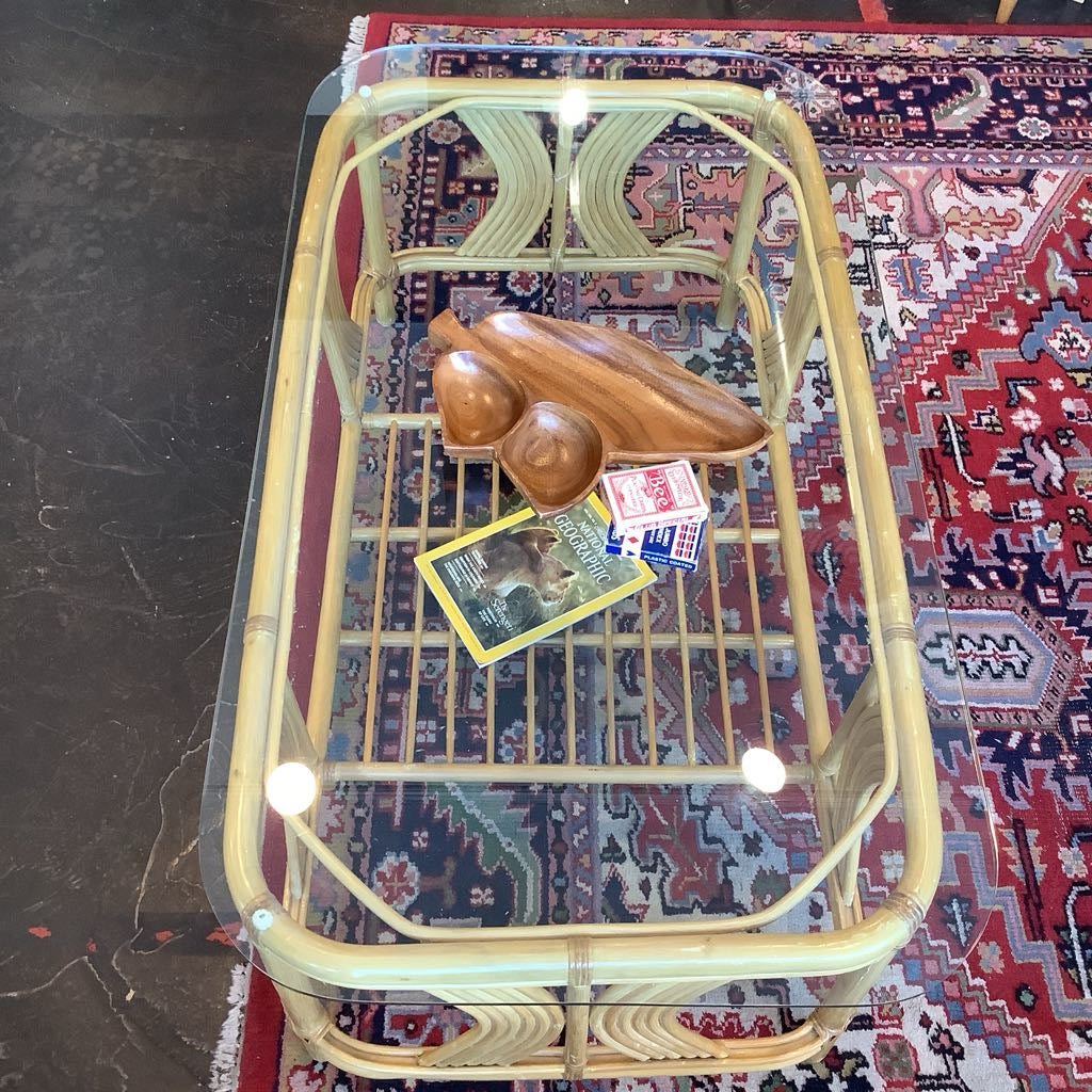 Vintage 1990s Blond Rattan Glass Top Coffee Table