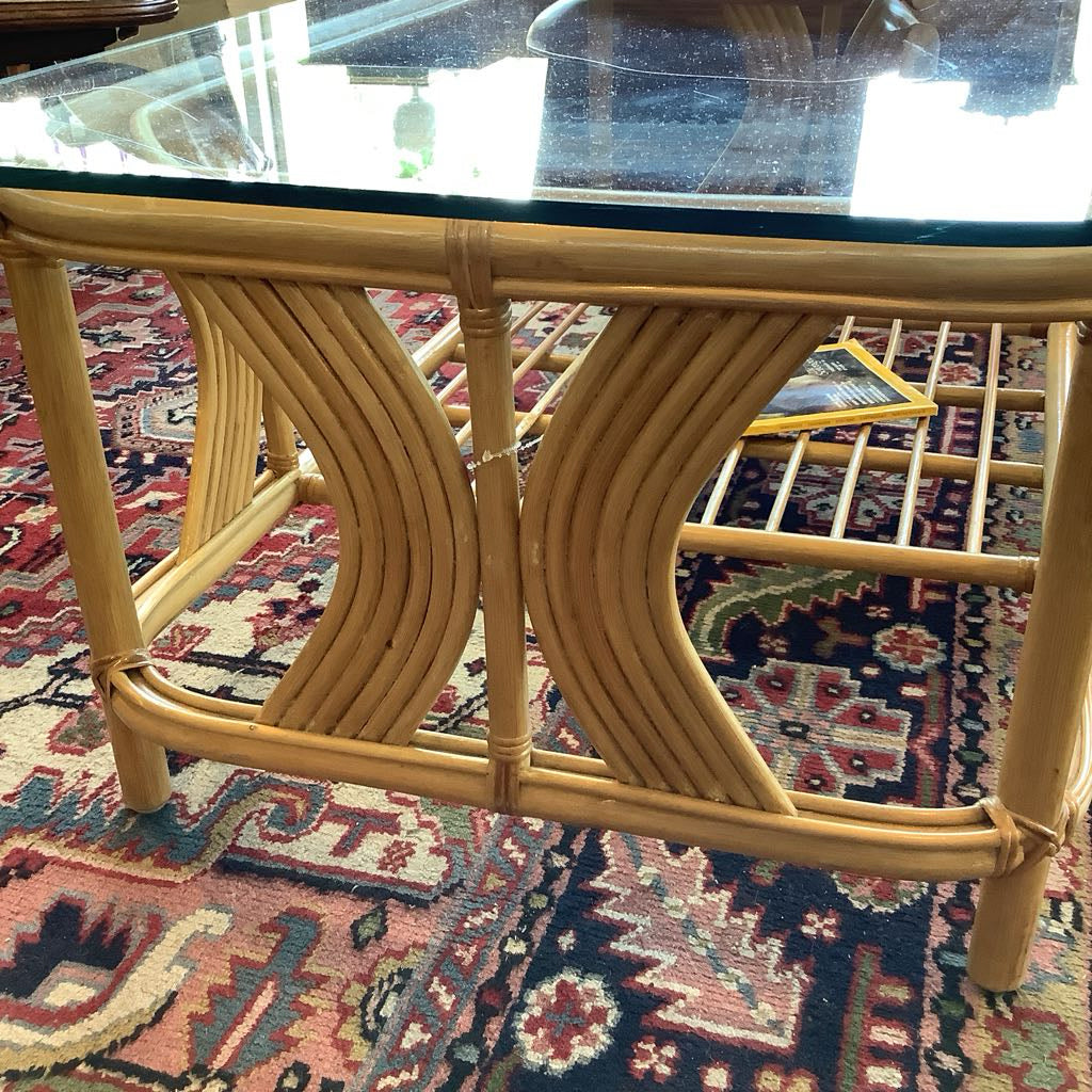 Vintage 1990s Blond Rattan Glass Top Coffee Table
