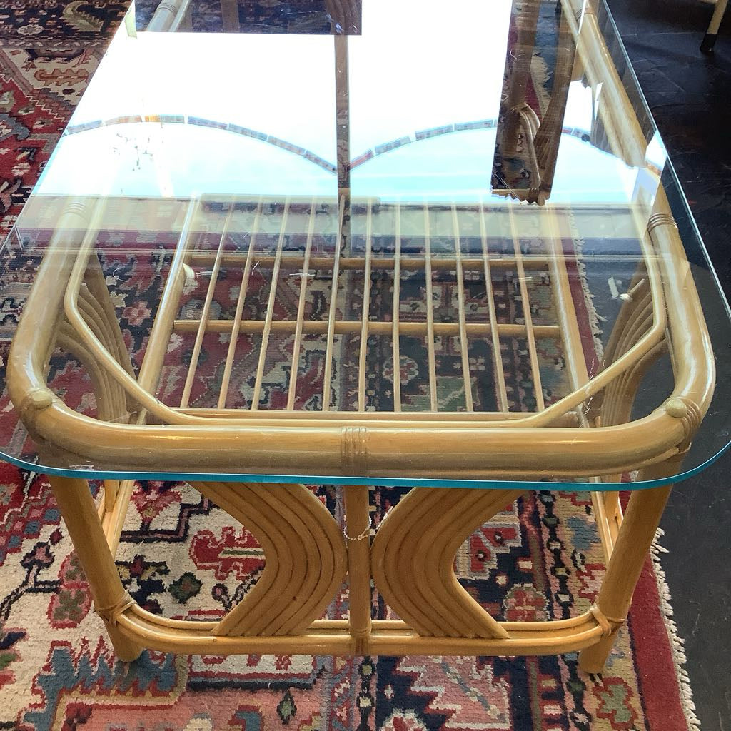Vintage 1990s Blond Rattan Glass Top Coffee Table