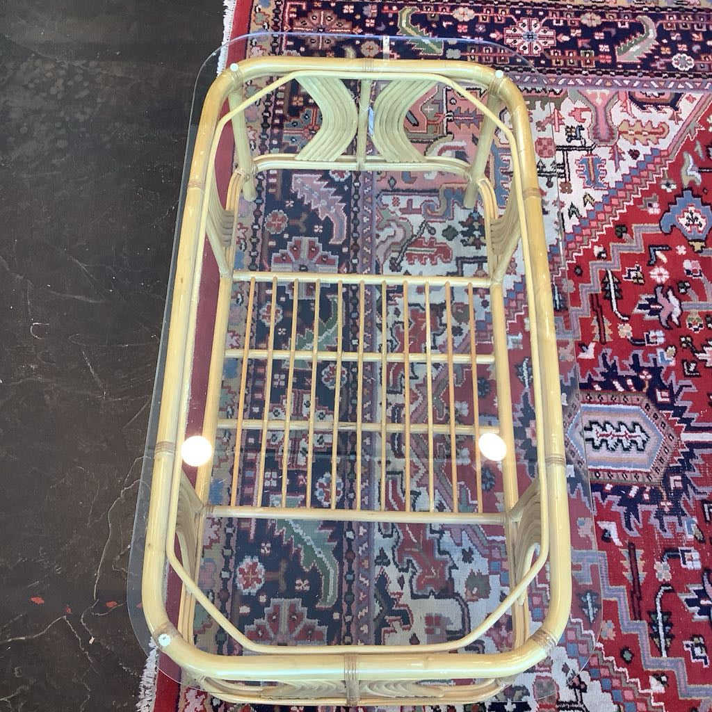 Vintage 1990s Blond Rattan Glass Top Coffee Table