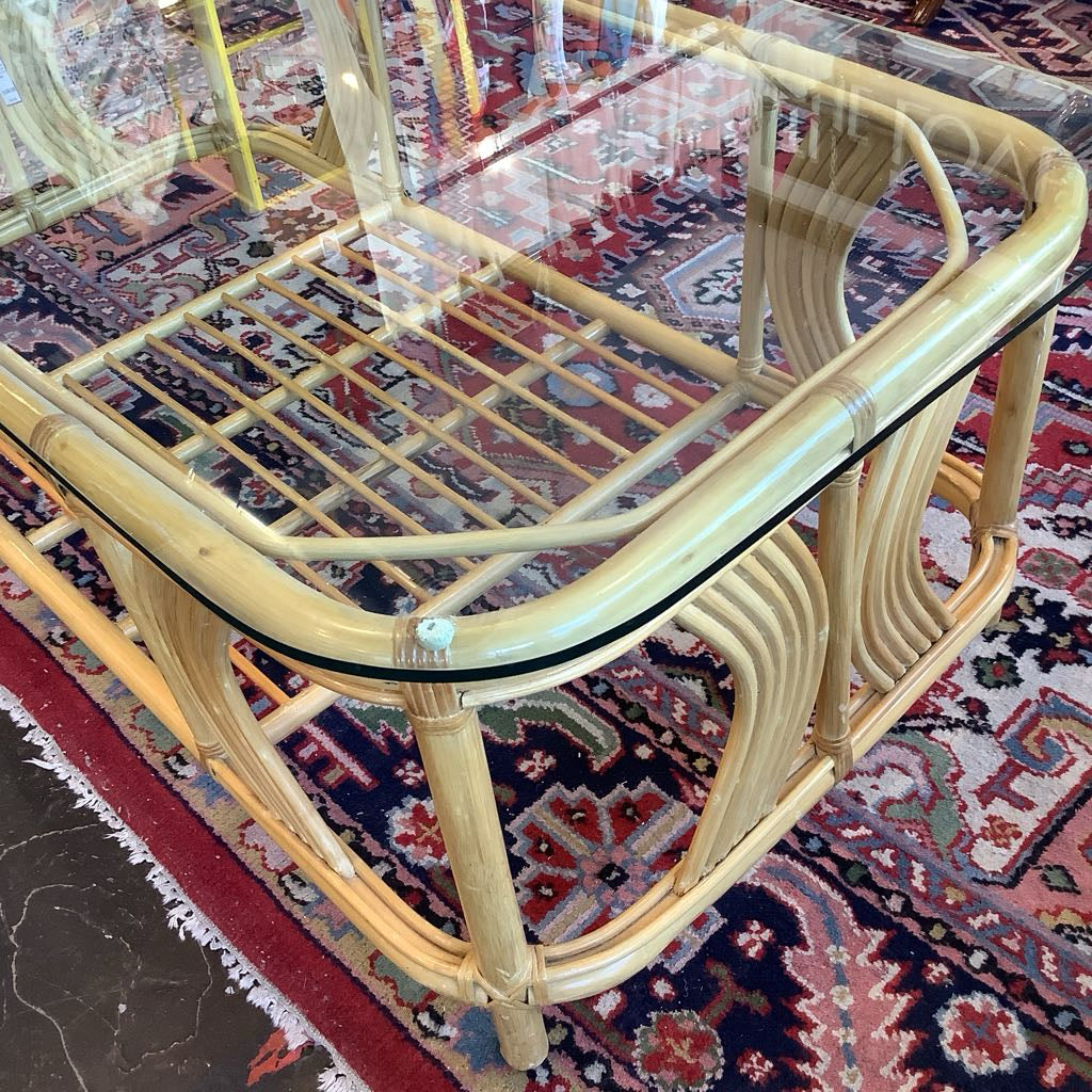 Vintage 1990s Blond Rattan Glass Top Coffee Table