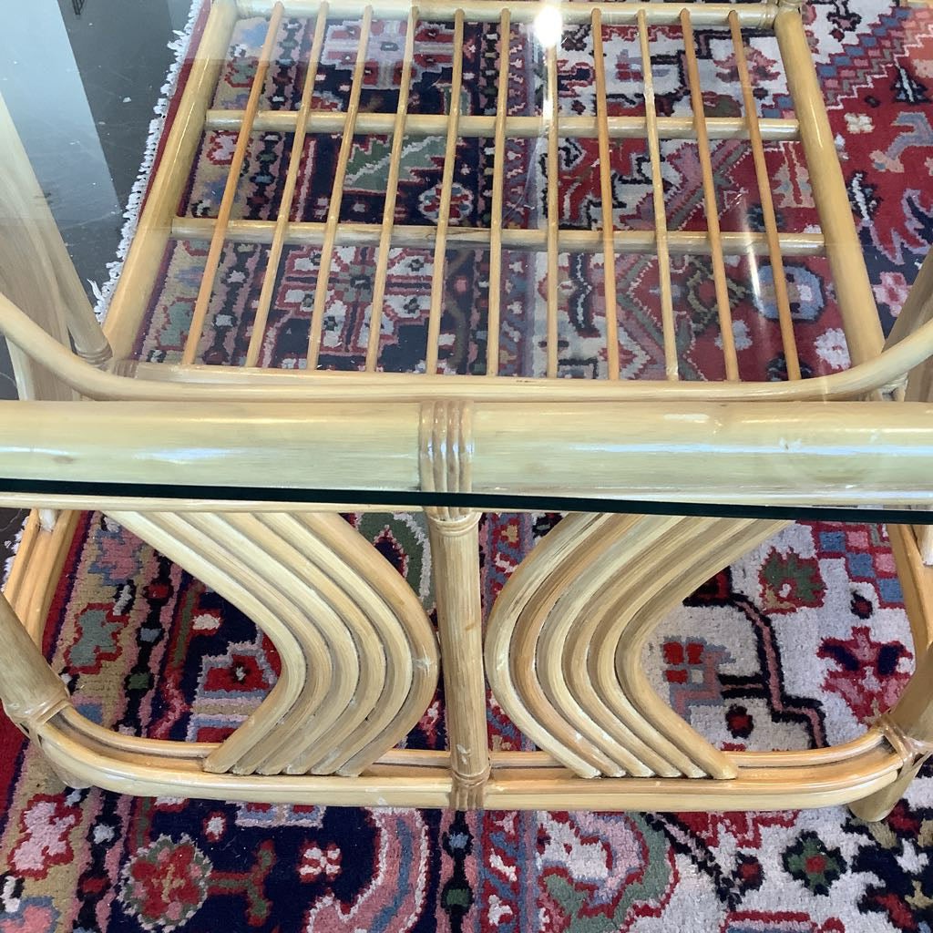 Vintage 1990s Blond Rattan Glass Top Coffee Table