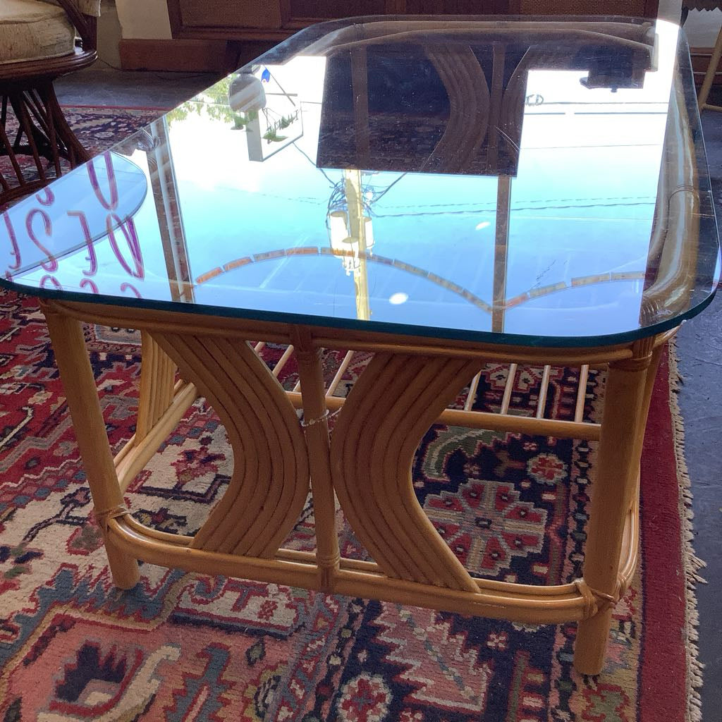 Vintage 1990s Blond Rattan Glass Top Coffee Table
