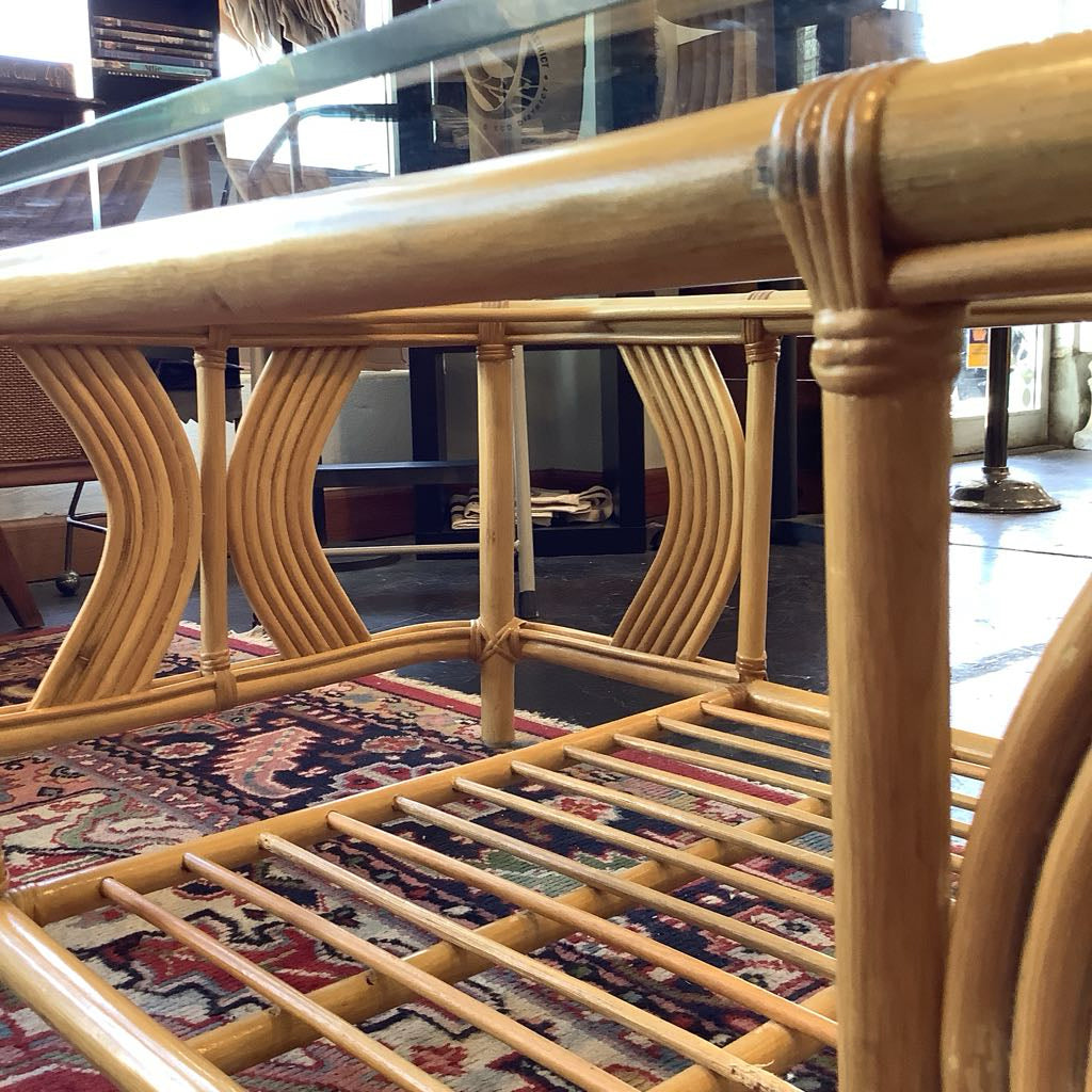 Vintage 1990s Blond Rattan Glass Top Coffee Table