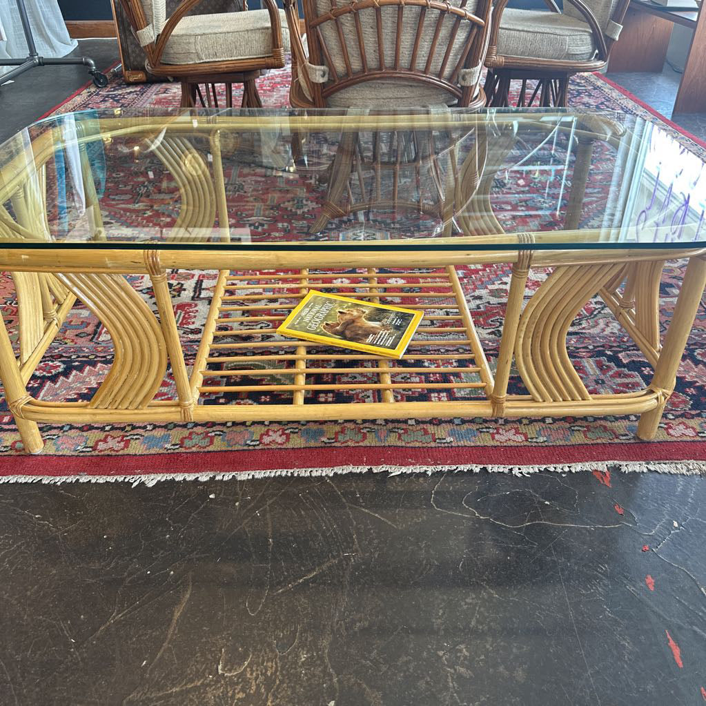 Vintage 1990s Blond Rattan Glass Top Coffee Table