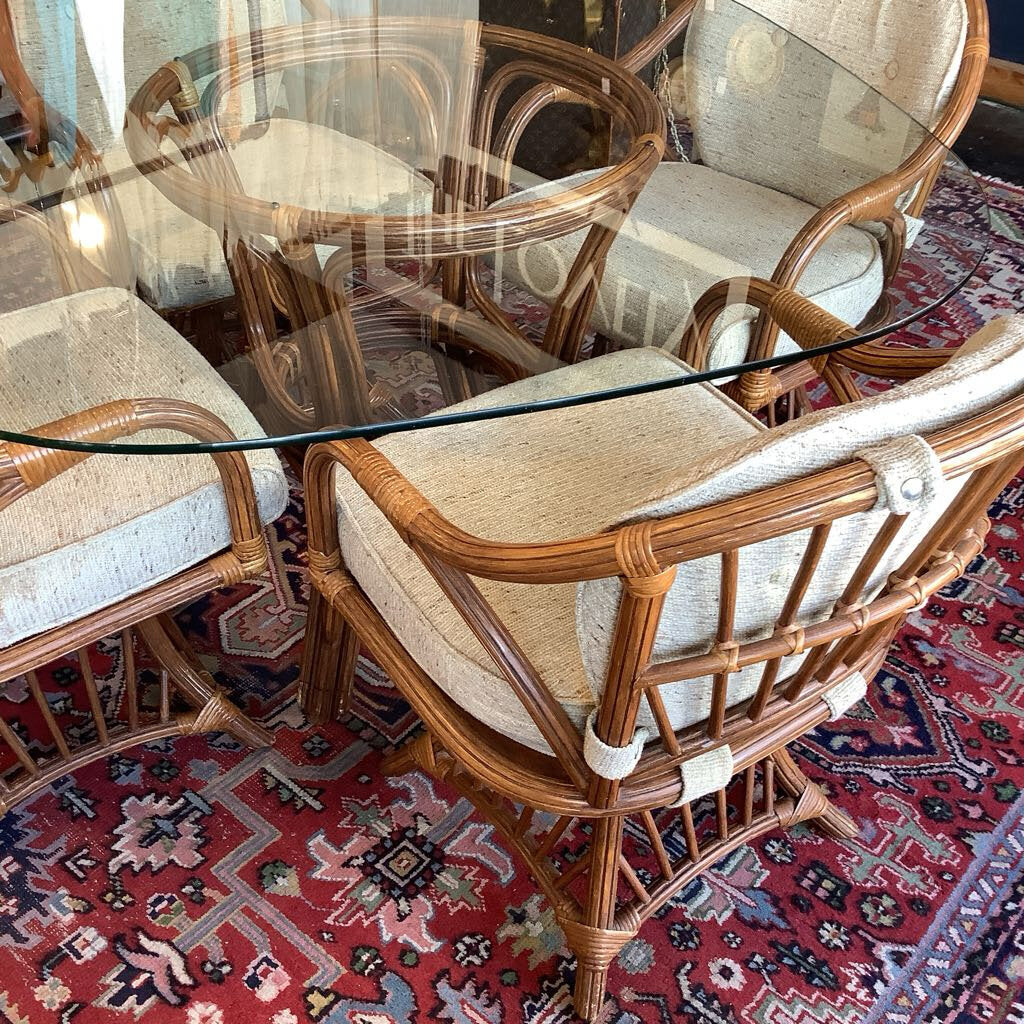 Vintage 1980s Rattan Glasstop Kitchen Table Set
