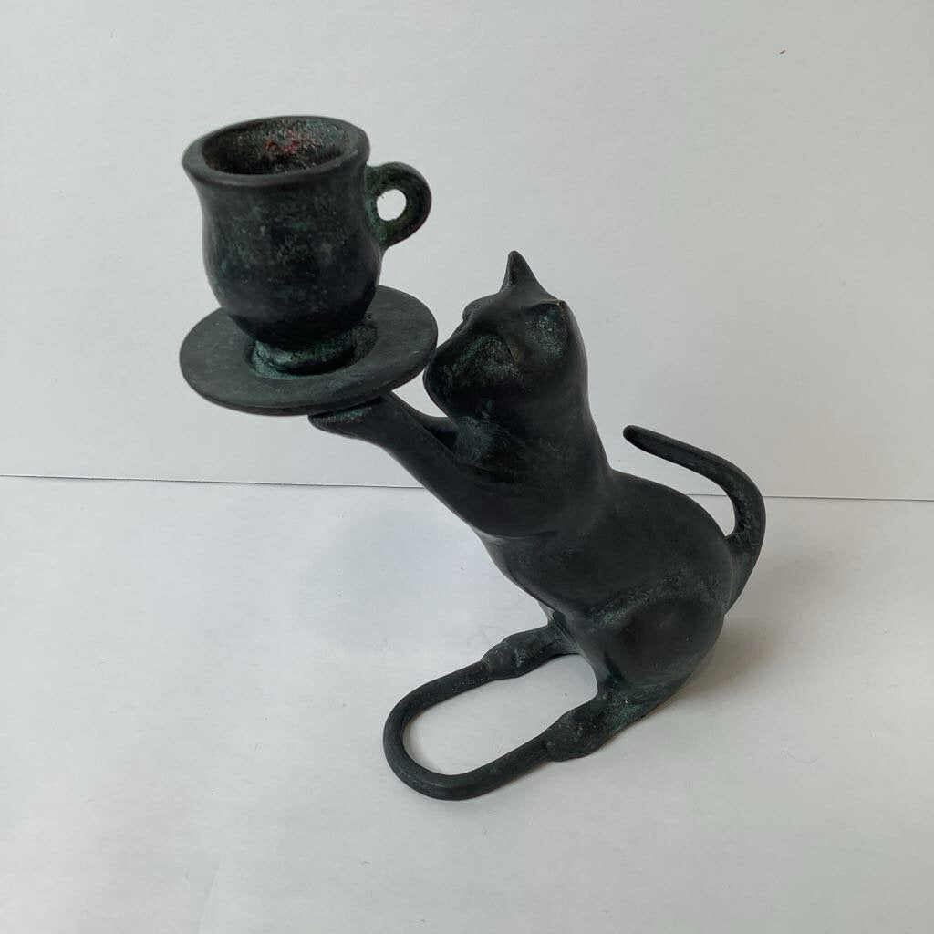 Vintage Verdigris Iron Cat Candle Holder