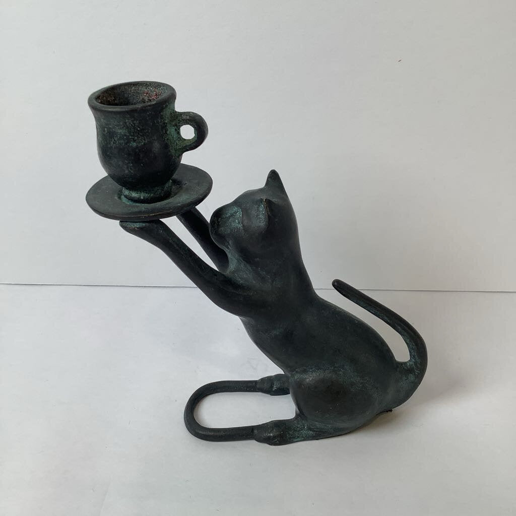 Vintage Verdigris Iron Cat Candle Holder
